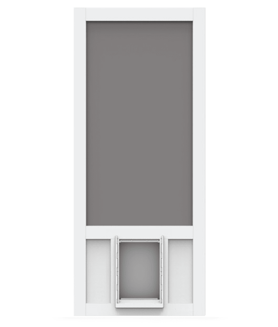 Chesapeake White Vinyl Screen Door with XL Pet Door Screen Tight Wood