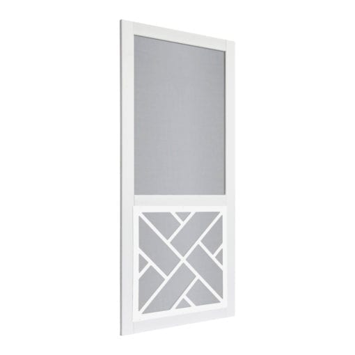 White Chippendale Insert Vinylcraft Vinyl Screen Door Side View by Screen Tight